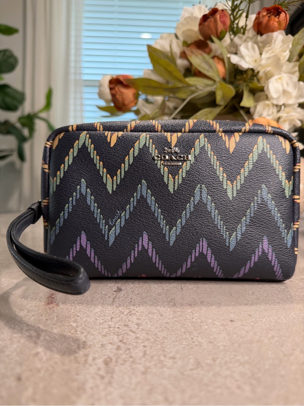 Coach Navy Wristlet with Multicolor Zigzag